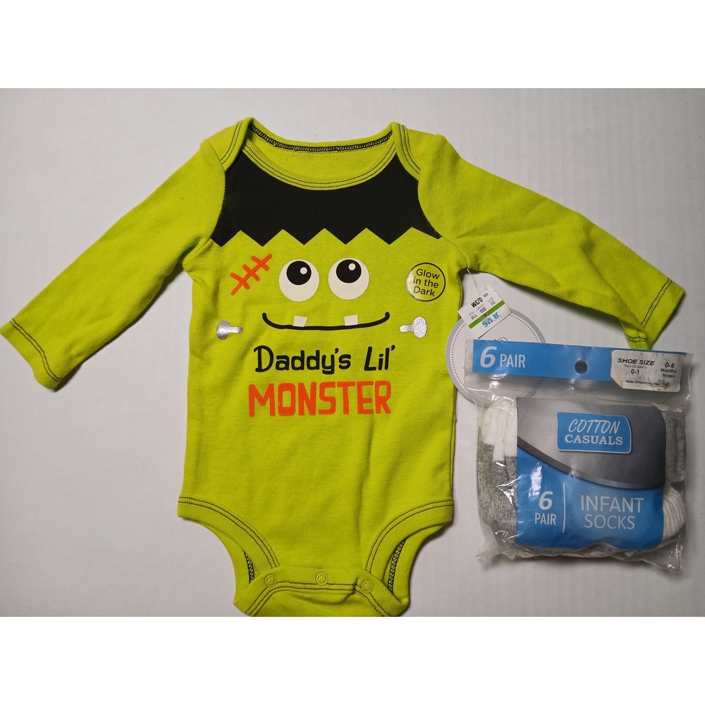Koala Kids Daddy's Lil Monster Glow Bodysuit & 6pk Infant Socks Set 0-3M 0-6M